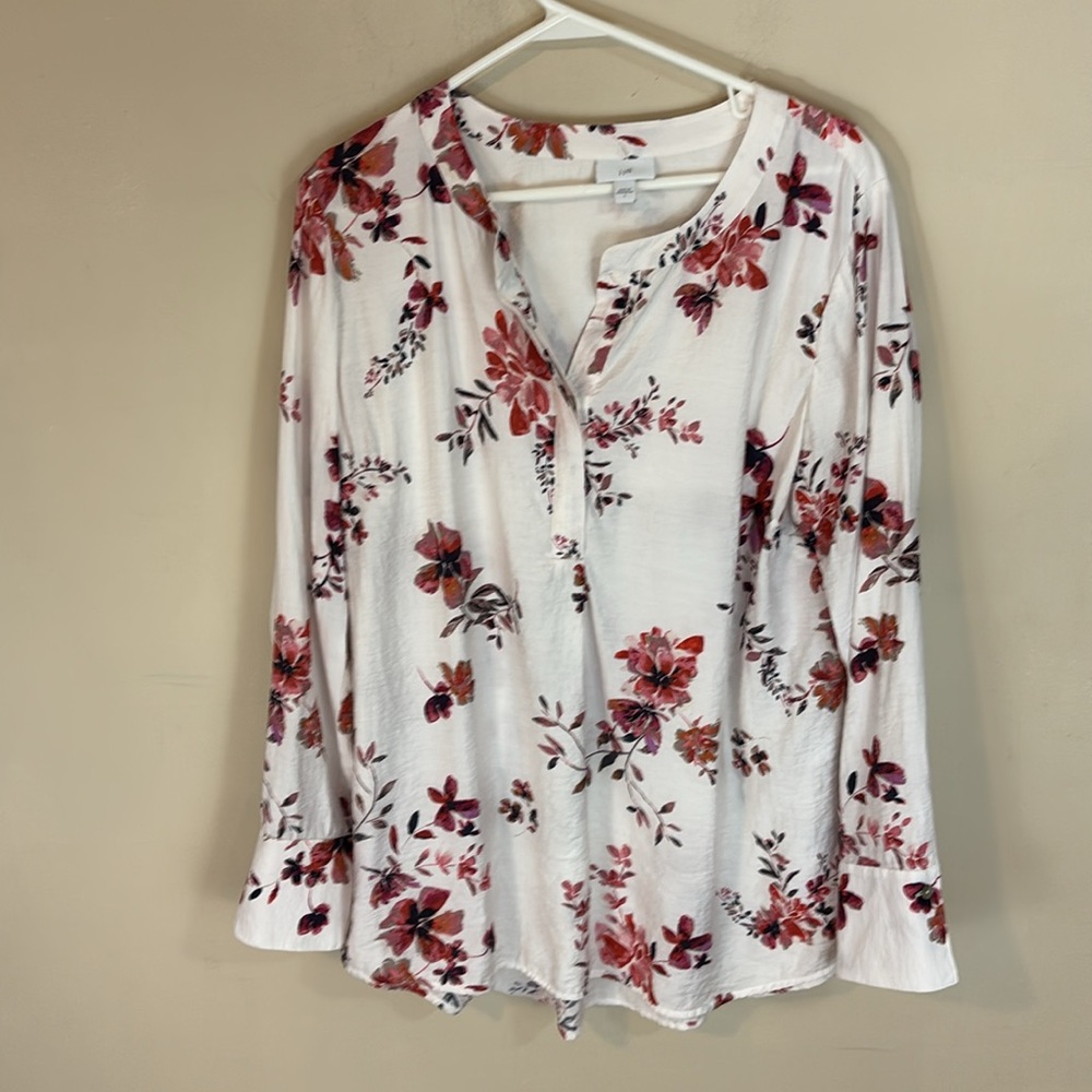 J Jill Long Sleeve Split Neck Floral  Top Tunic Size Large